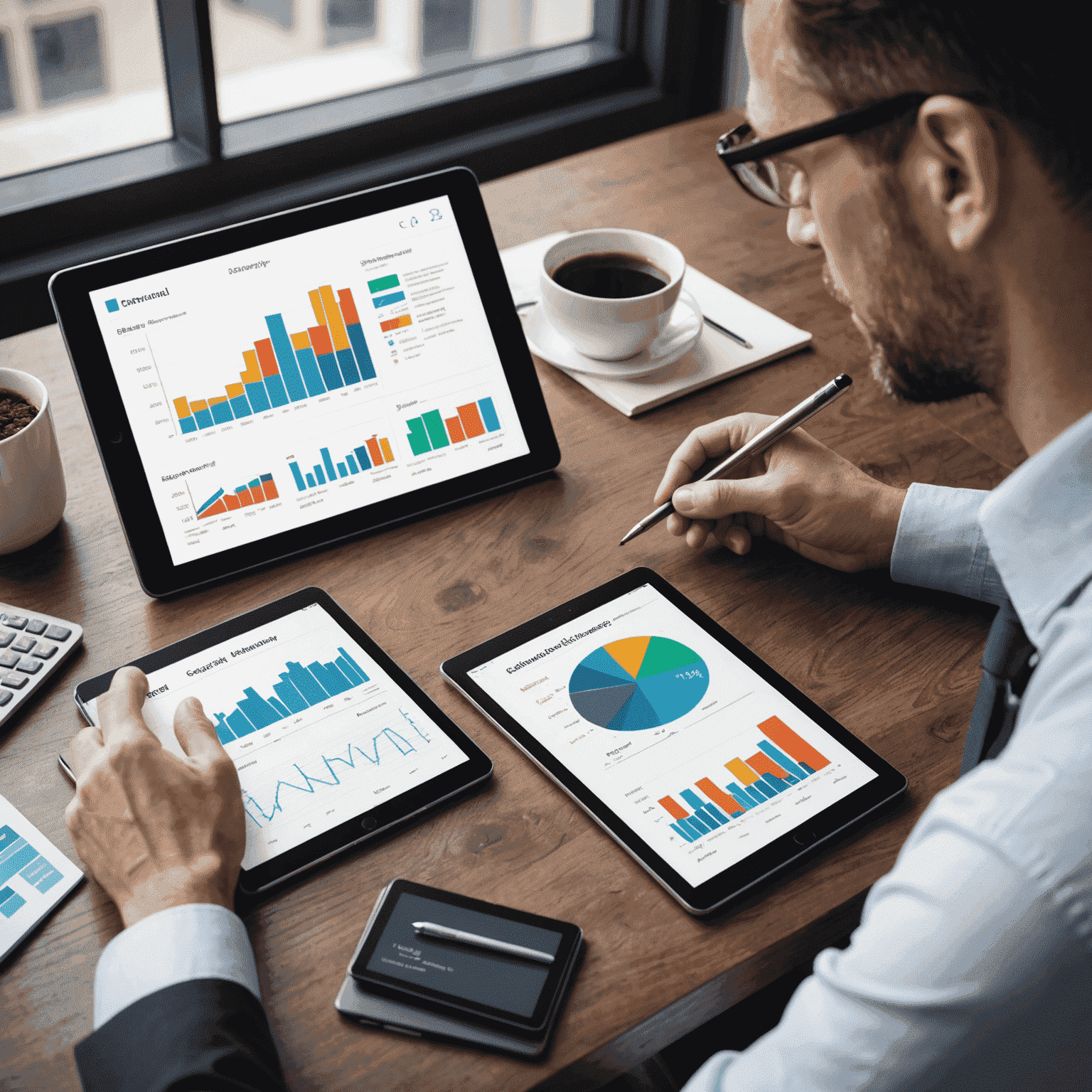 A professional financial advisor discussing investment options with a client, showing graphs and charts on a tablet.