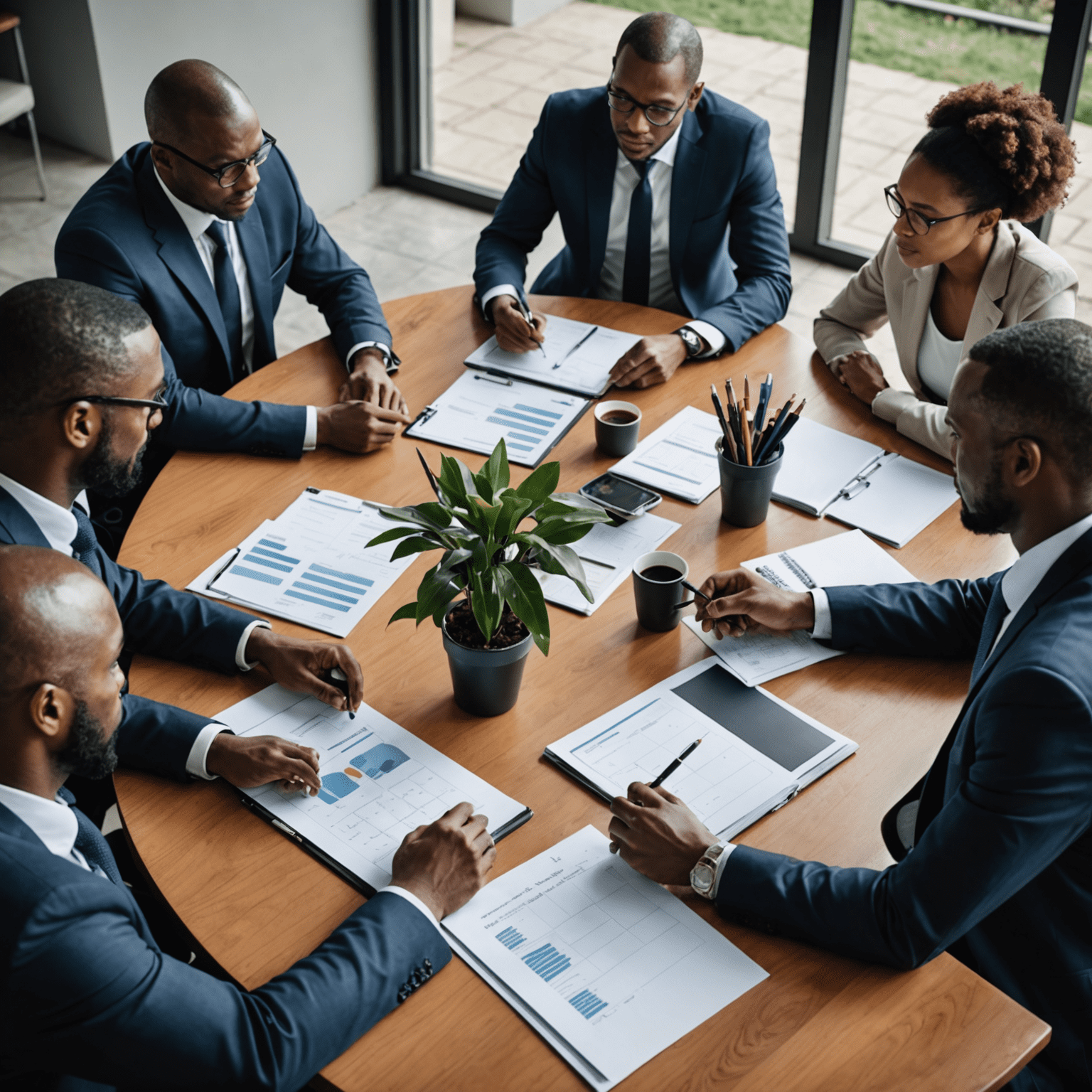 A group of business professionals gathered around a table, discussing strategic plans and goals for their organization in South Africa.