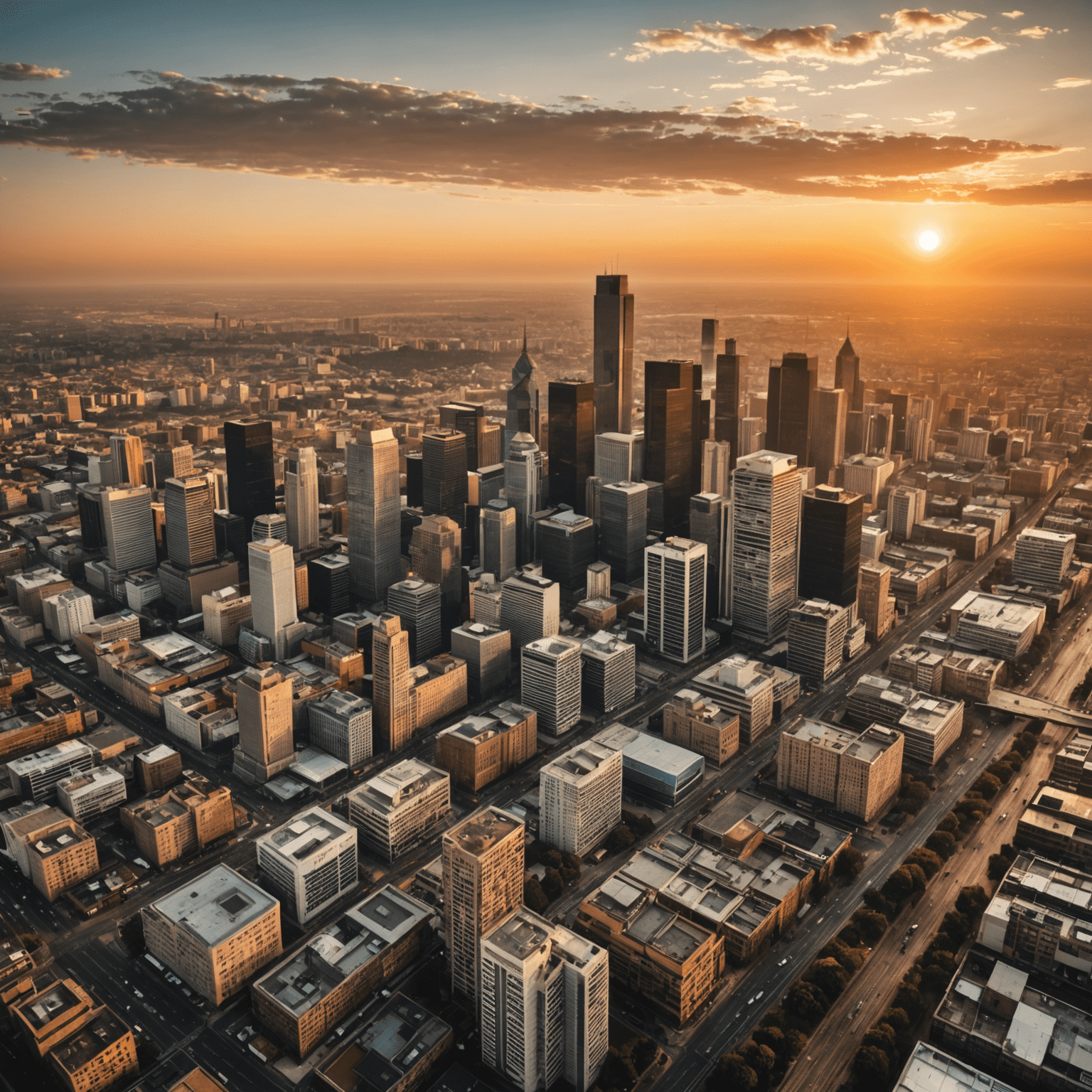 Aerial view of Johannesburg city skyline at sunset, South Africa