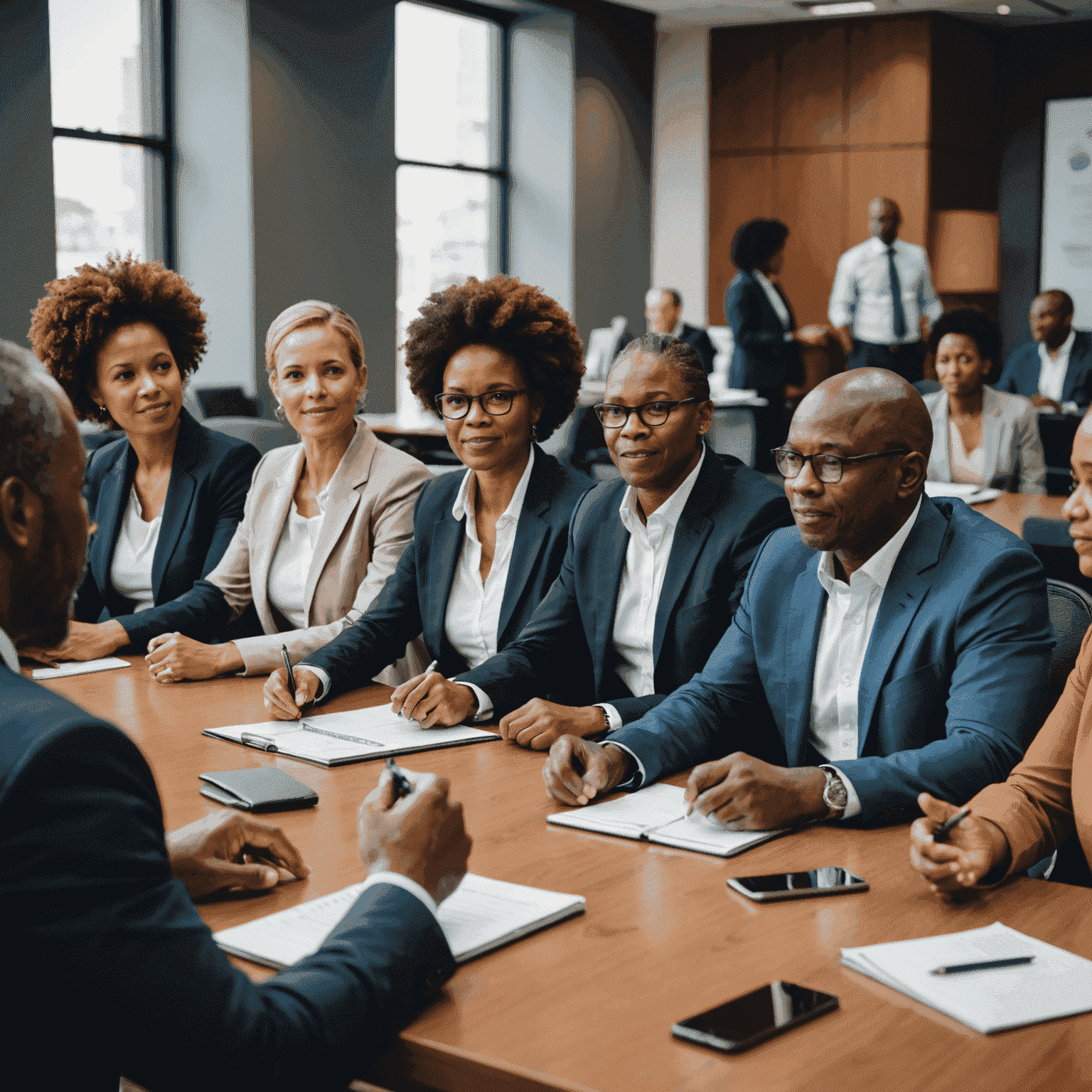 A group of diverse South African business leaders sitting around a conference table, engaged in a strategic discussion