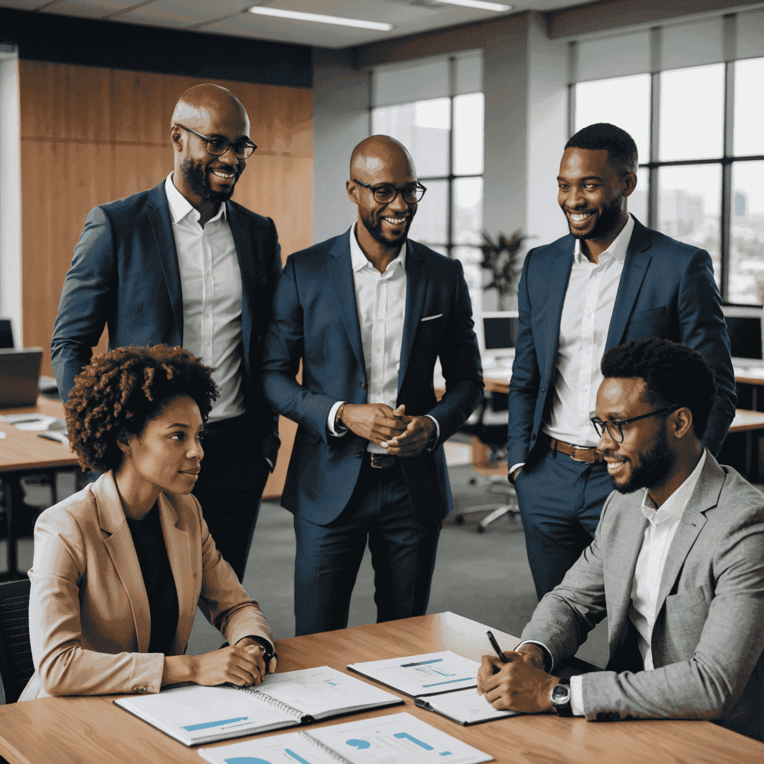 Diverse group of business professionals collaborating in a modern office setting in South Africa, representing the future of consulting