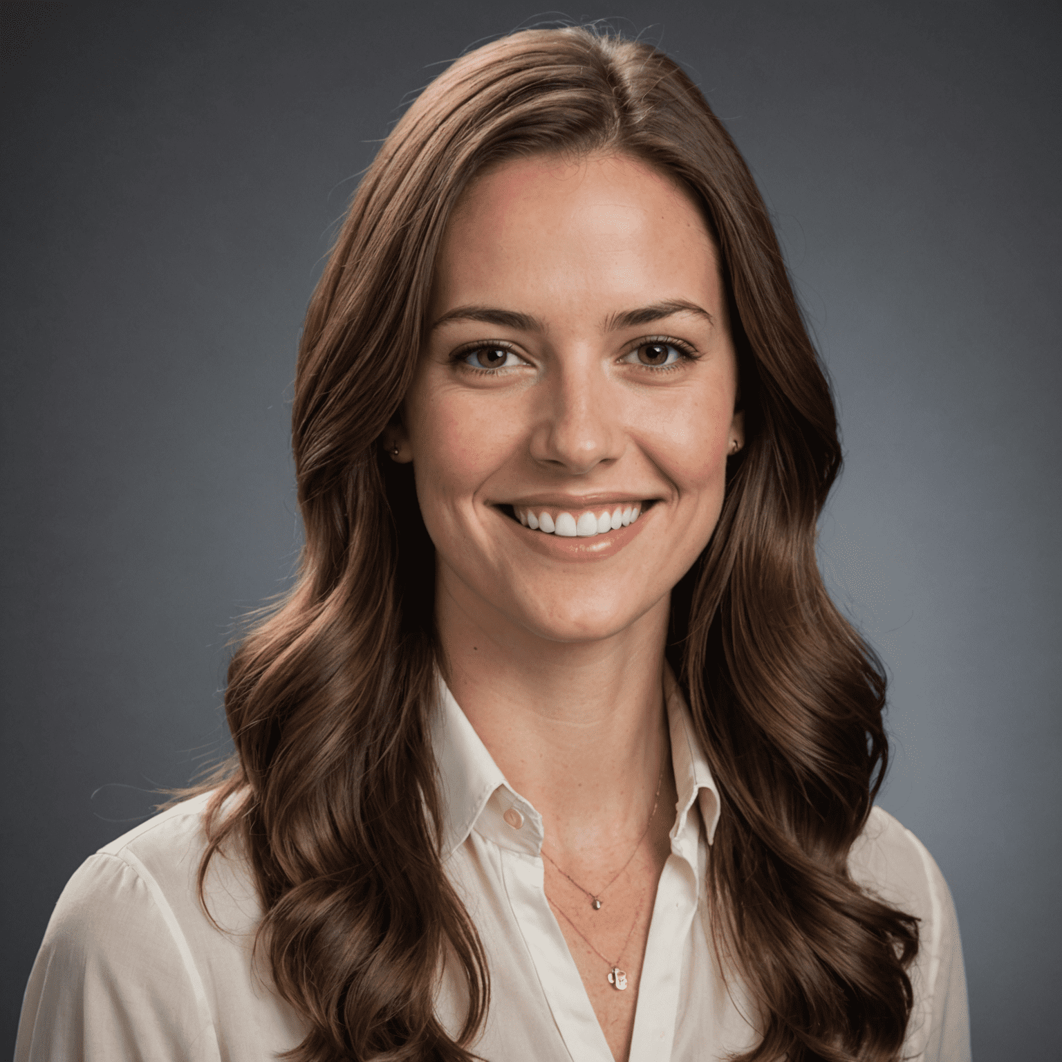 Headshot of Sarah Johnson, a young woman with long brown hair and a warm smile, wearing a professional blouse