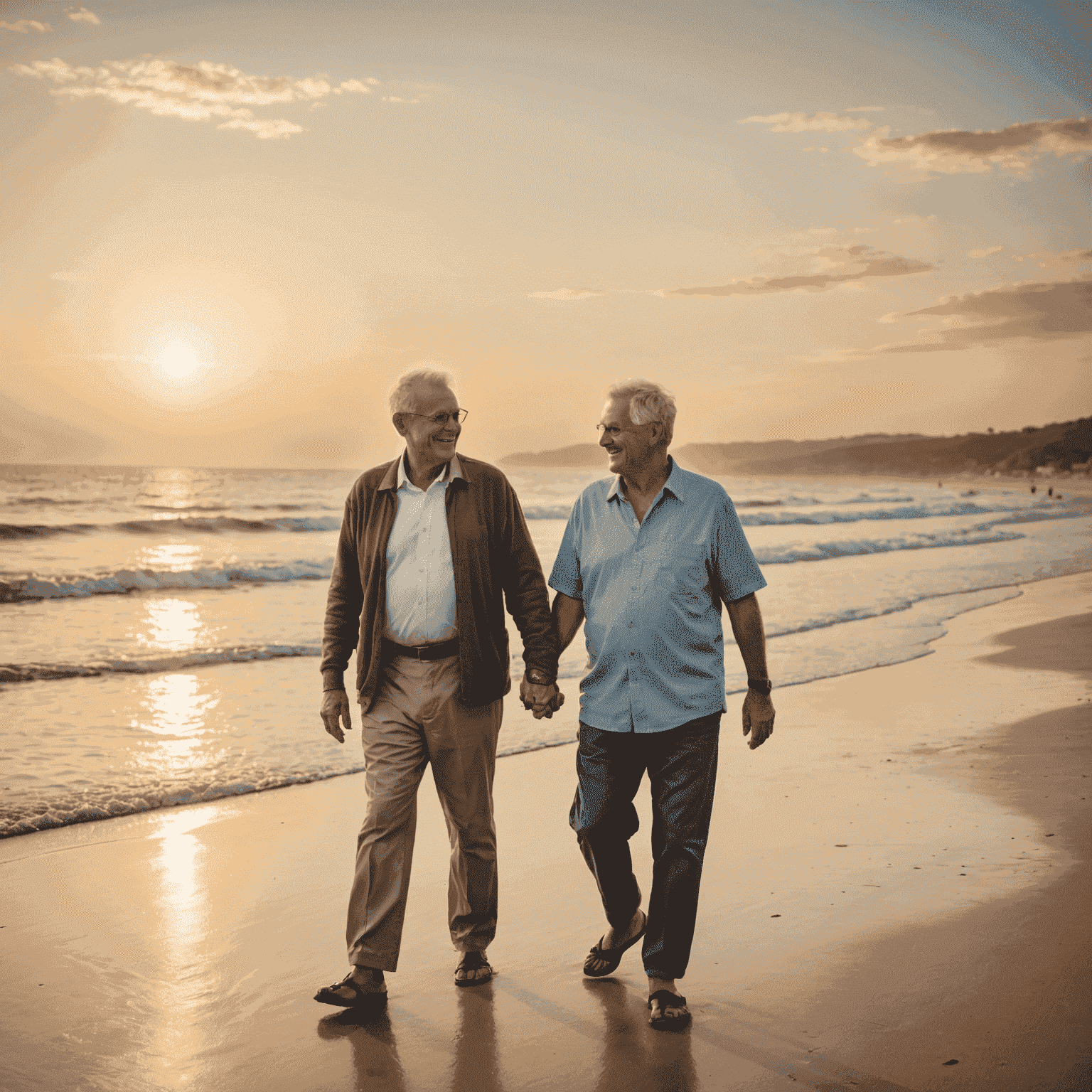 A happy retired couple enjoying their golden years, walking hand in hand on a beautiful beach at sunset.