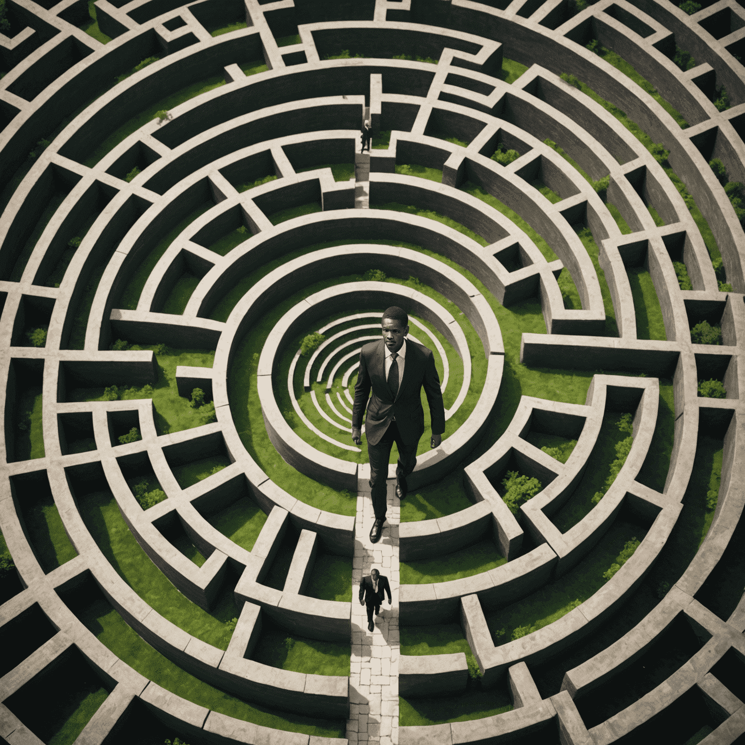 A businessman navigating through a maze, symbolizing the challenges of doing business in South Africa.