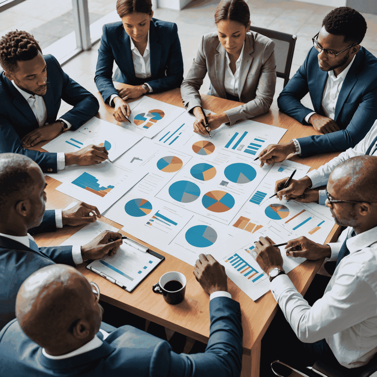 A group of business professionals gathered around a conference table, engaged in strategic planning discussions. Charts, graphs, and documents are spread out on the table as they collaborate to develop effective strategies for business growth and success in South Africa.