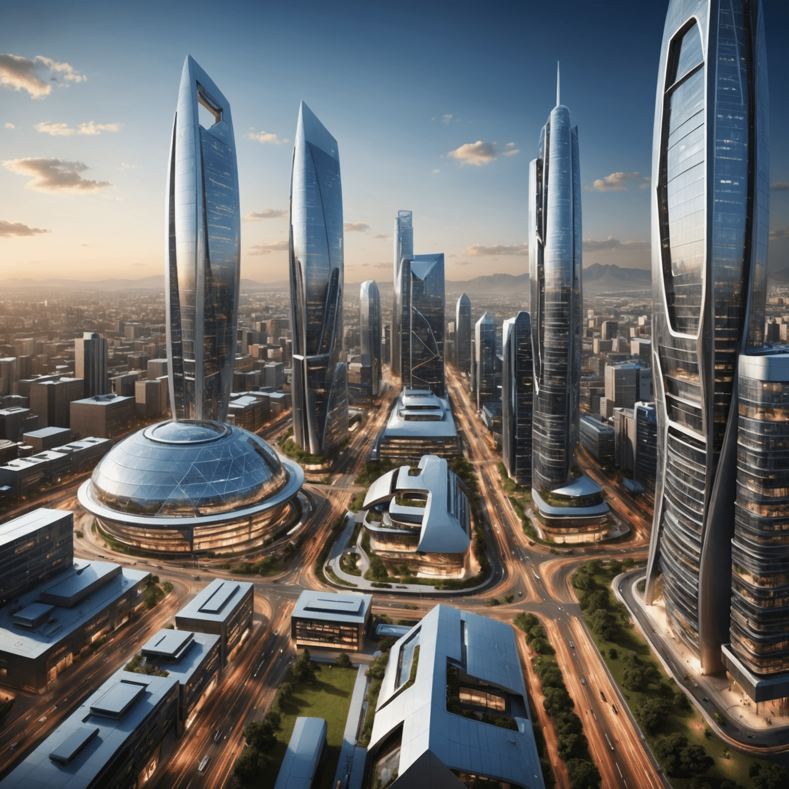 A futuristic cityscape with advanced technology integrated into buildings and infrastructure, representing the competitive advantage of leveraging technology in South Africa.